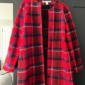 Max Studio Wool Plaid Jacket Open Front. Size M. Red with blue, black and white.
